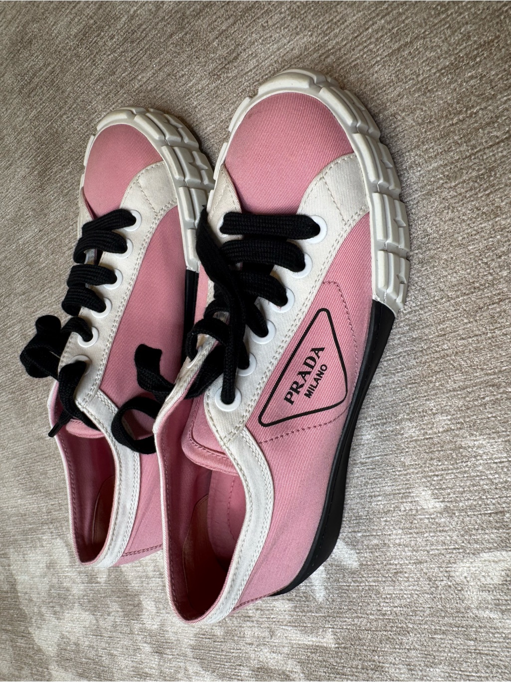 Prada Pink And Black Canvas Low-Top Sneakers